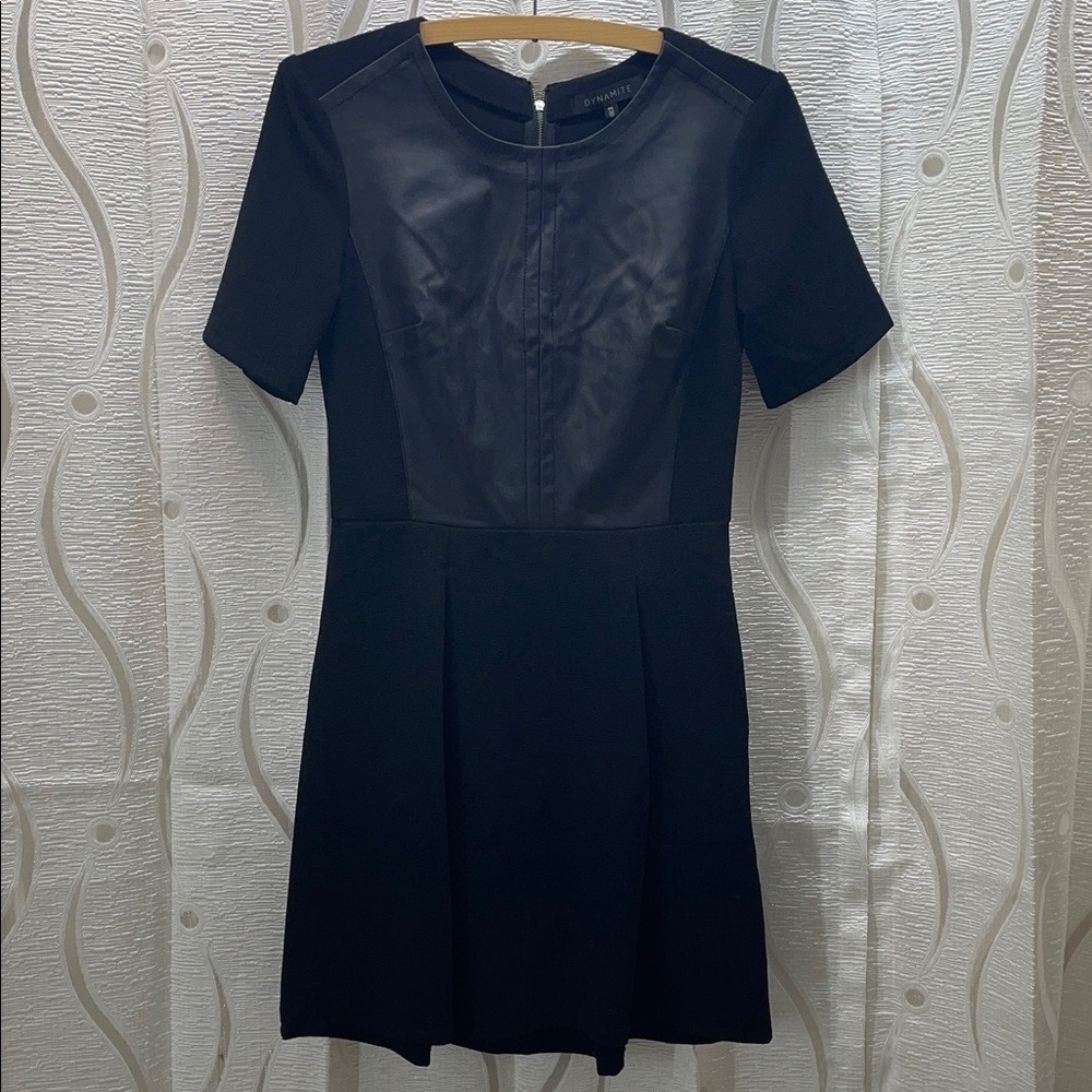 DYNAMITE Black Faux Leather Panel Short Sleeve Sheath Dress P/S